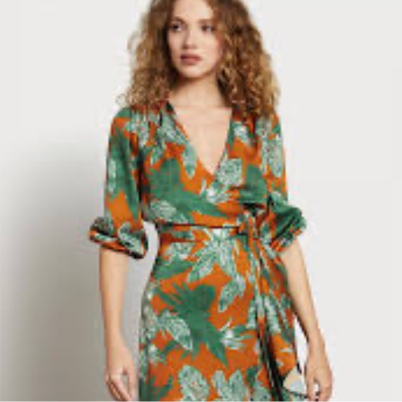 Sam Edelman orange green crepe wrap raffle midi dress size 6new - Picture 4 of 11